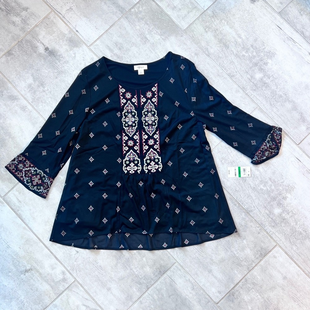 NWT Style & Co Women's Globe Trotter Embroidered Black Top Blouse Size L